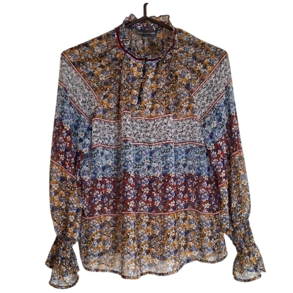 Chelsea & Theodore Boho Floral Sheer Blouse Ruffle Neck Poet Sleeve Top Size S